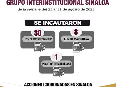En Sinaloa estos son los resultados de las acciones del Grupo Interinstitucional en el combate a la delincuencia, del 25 al 31 de agosto de 2025.