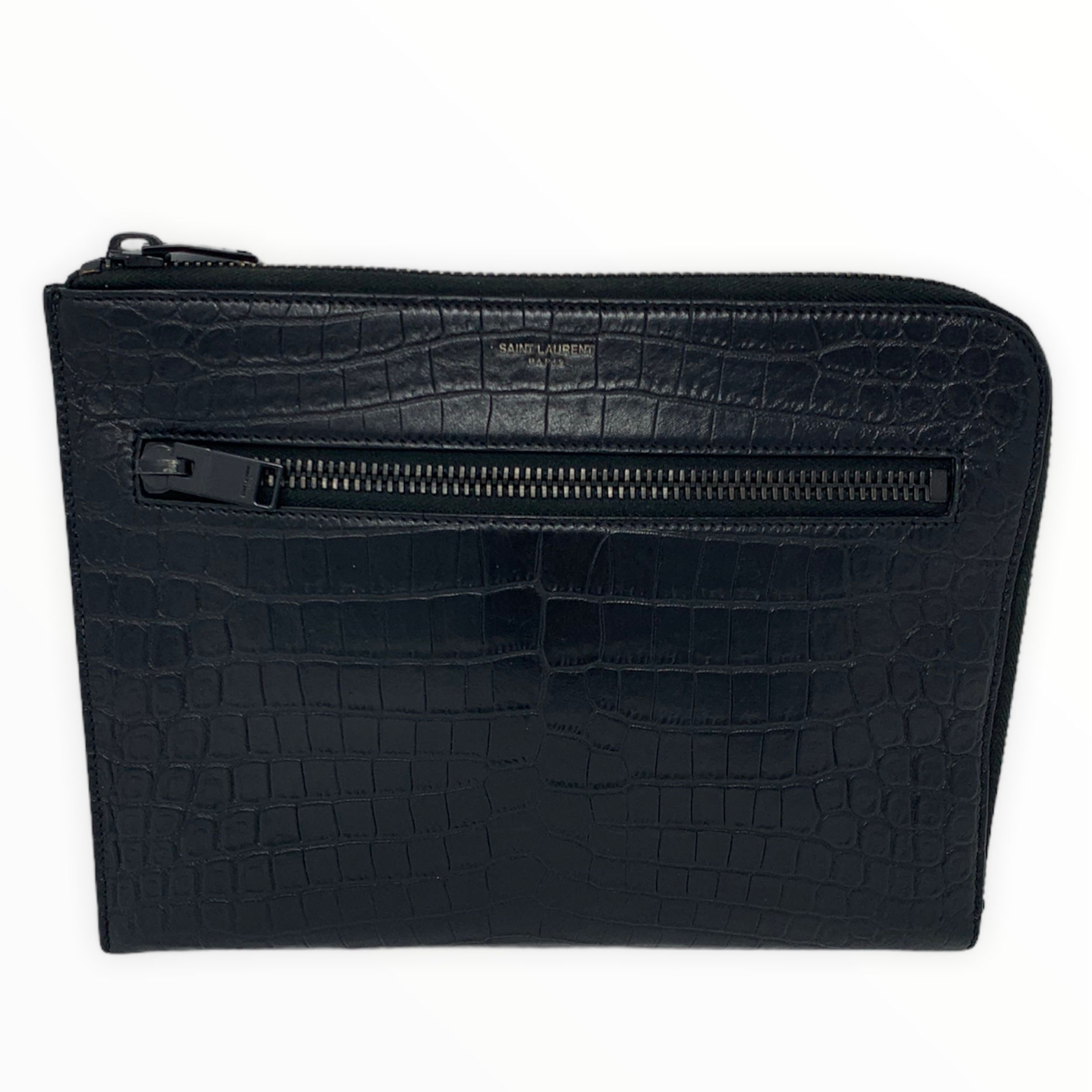 Saint Laurent Black Croc Embossed Zip Clutch Large