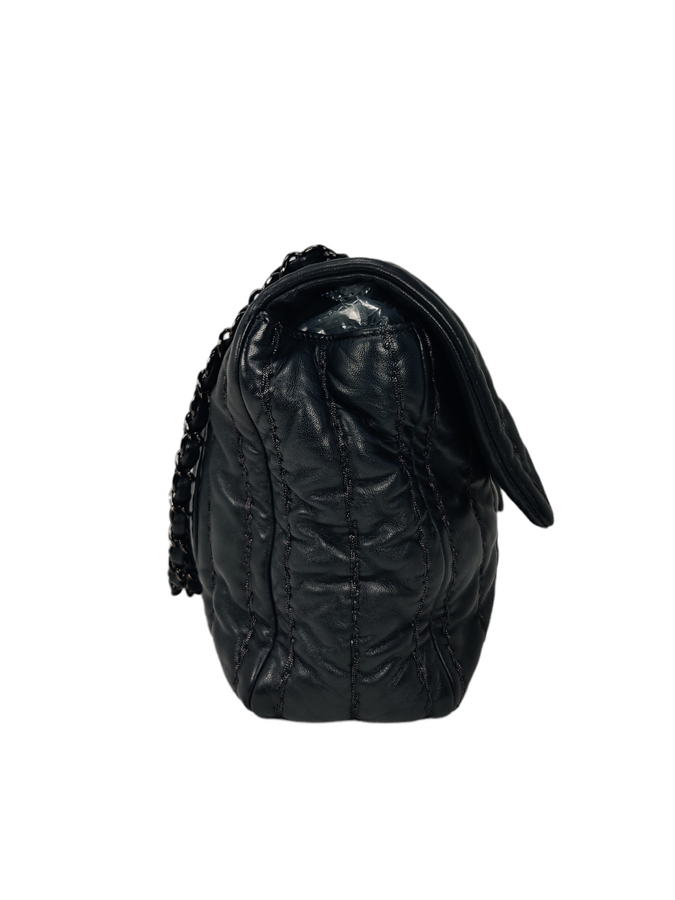 Thumbnail: Chanel Lambskin Shimmery Vertical Stitch Jumbo Single Flap Black