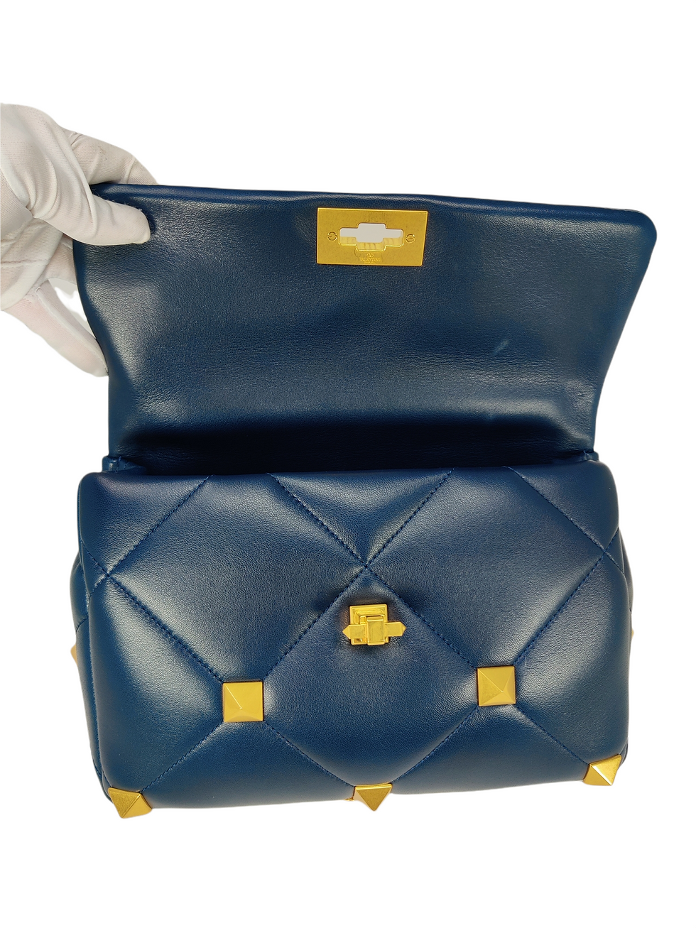 Thumbnail: Valentino Blue Leather Roman Stud Shoulder Bag