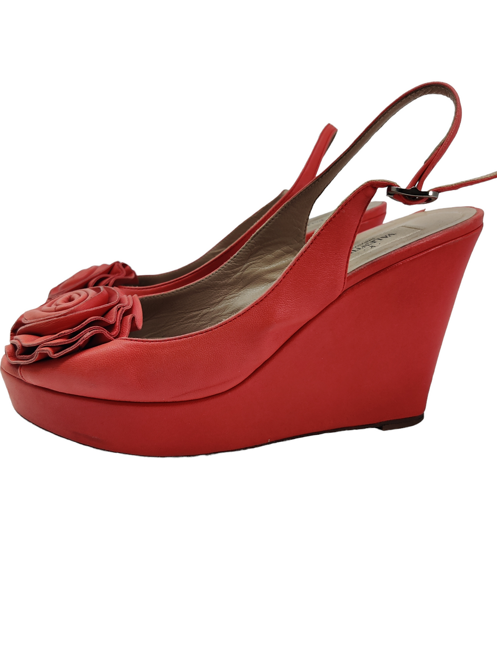 Thumbnail: Valentino Red Leather Peep toe rose wedge slingback 37.5
