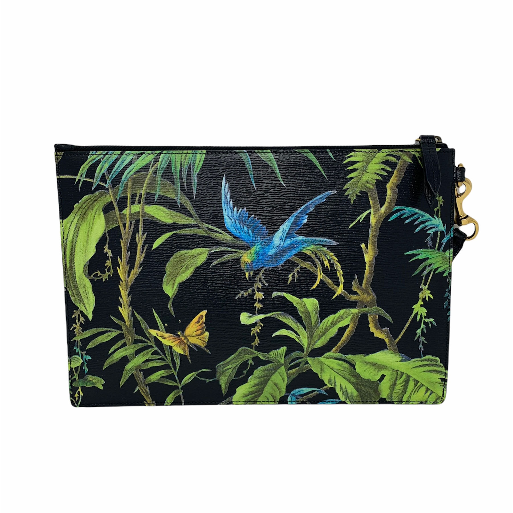 Gucci Black Leather Tropical Print Pouch