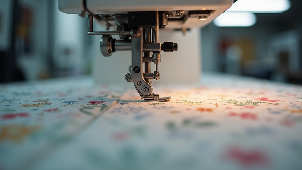 Close-up view of a longarm quilting machine in action