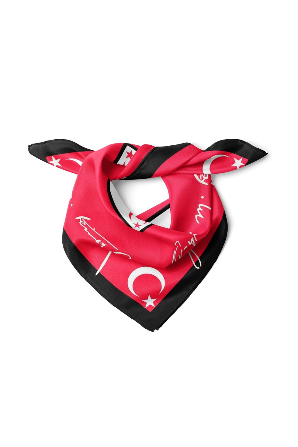 Küçük resim: Kırmızı Atatürk İmzalı Saten Fular 48x48 cm – Türk Bayrak Desenli Kare Bandana