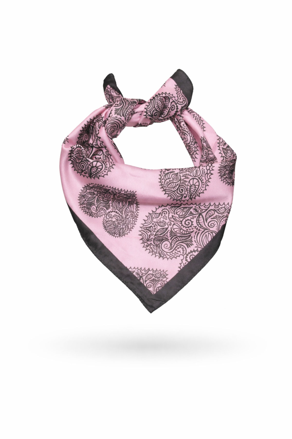 Kalp Desenli Saten Fular 48x48 cm Kare Bandana – Pudra Pembe Siyah
