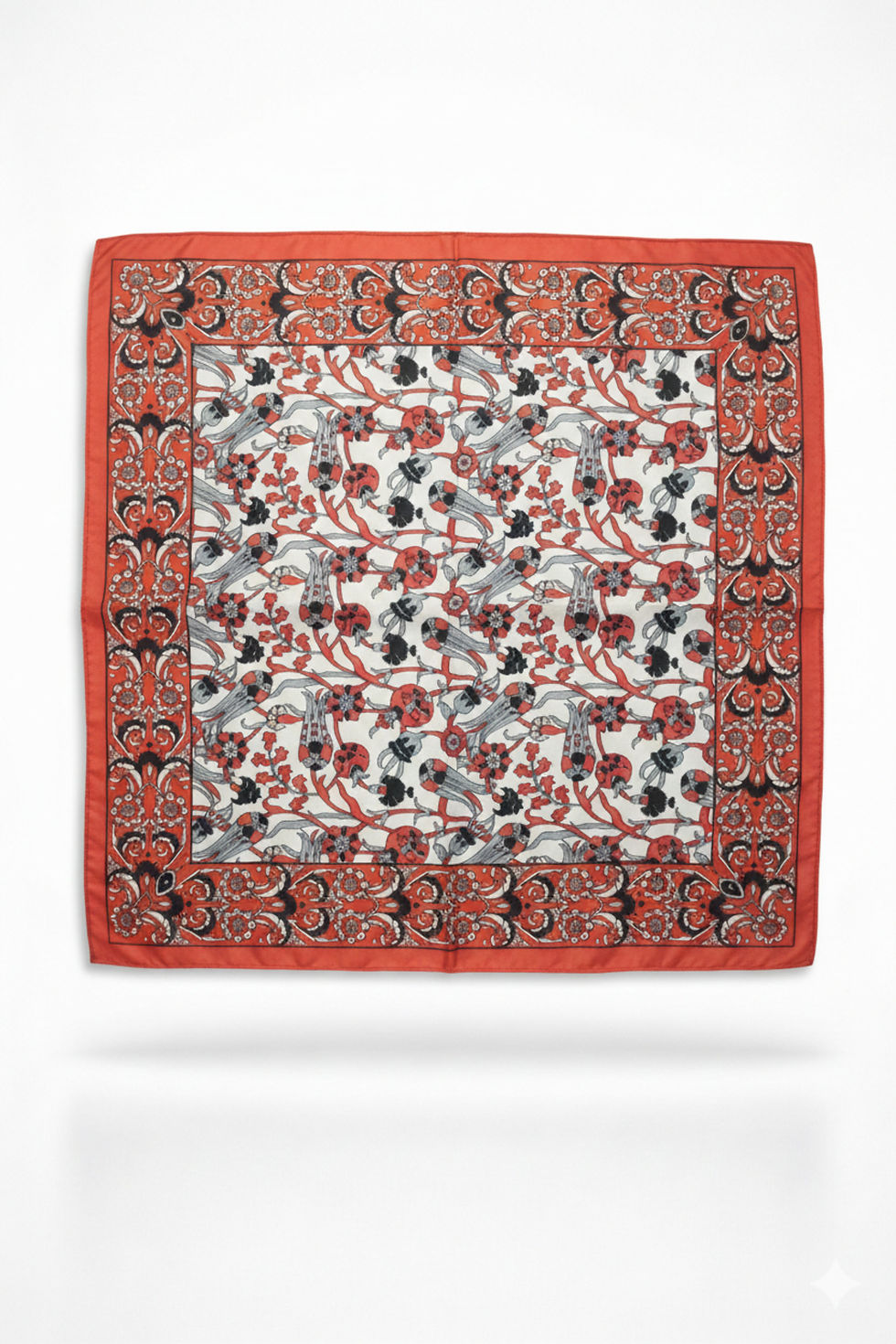 Küçük resim: Kırmızı Etnik & Çiçek Desenli Saten Fular 48x48 cm – Vintage Kare Bandana