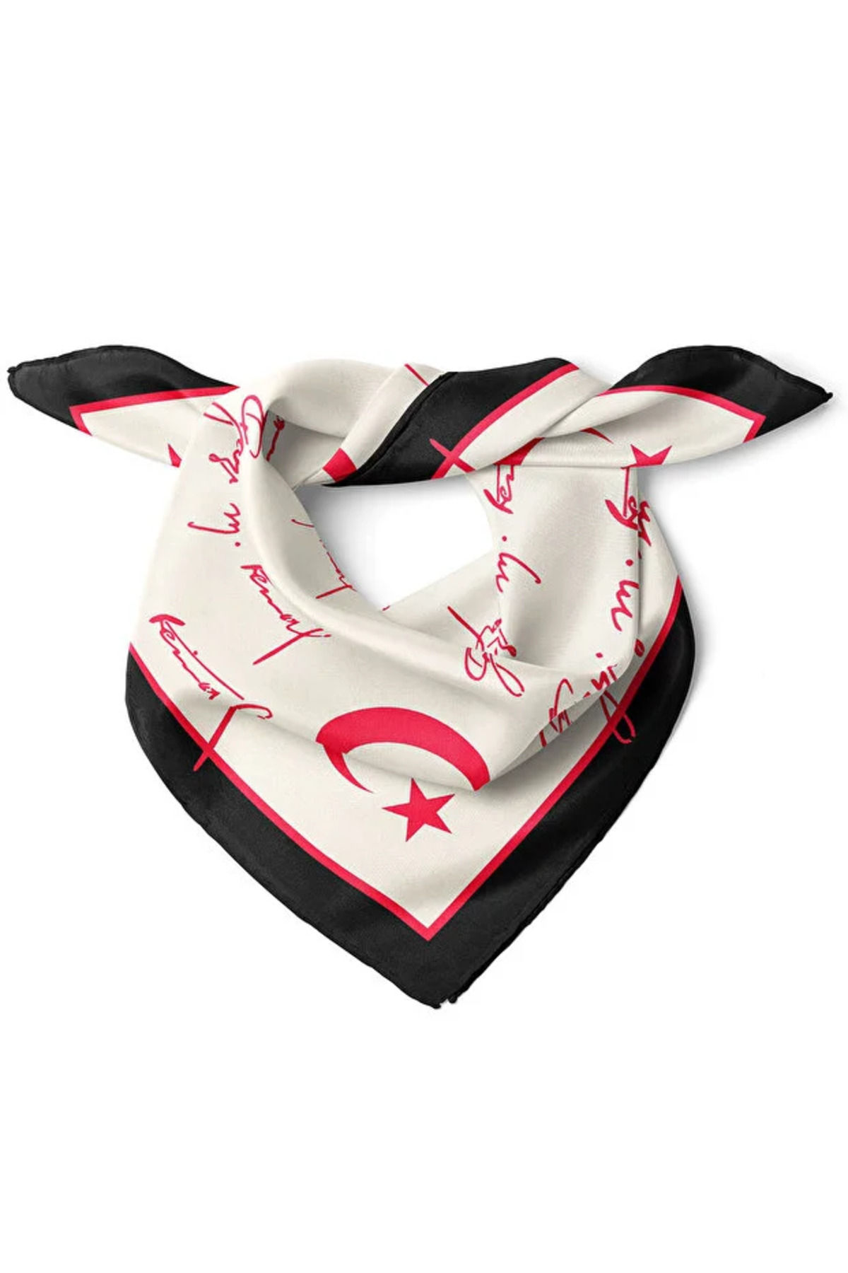 Türk Bayrağı Desenli Saten Fular 48x48 cm Kare Bandana – Siyah Kenarlı