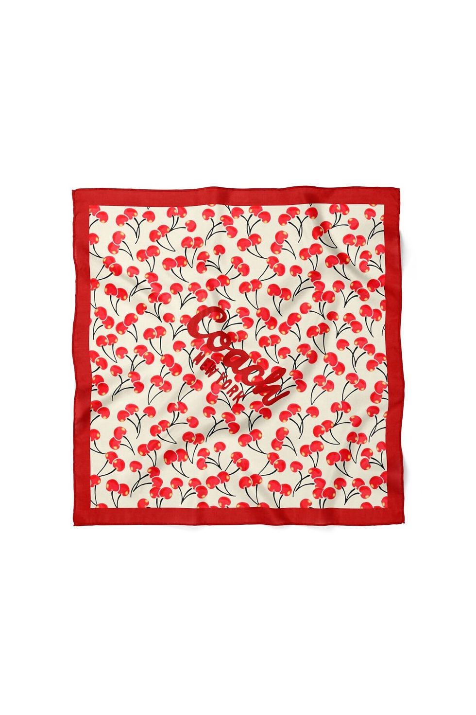 Küçük resim: Kiraz Desenli Kırmızı Çerçeveli Saten Fular 48x48 cm – Retro Kare Bandana