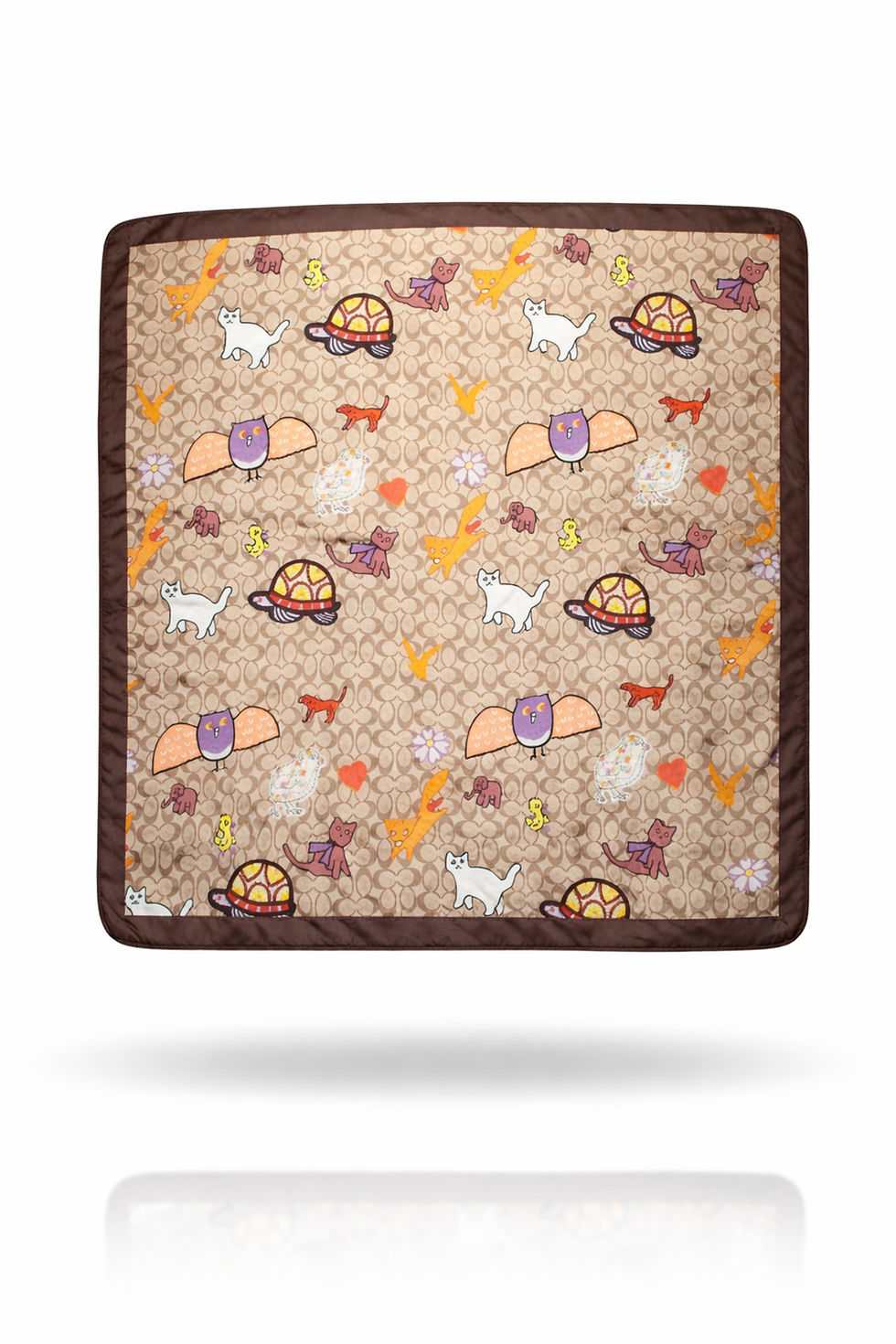 Küçük resim: Sevimli Desenli Saten Fular 70x70 cm – Kahverengi Çerçeveli Şık Kadın Bandana &…