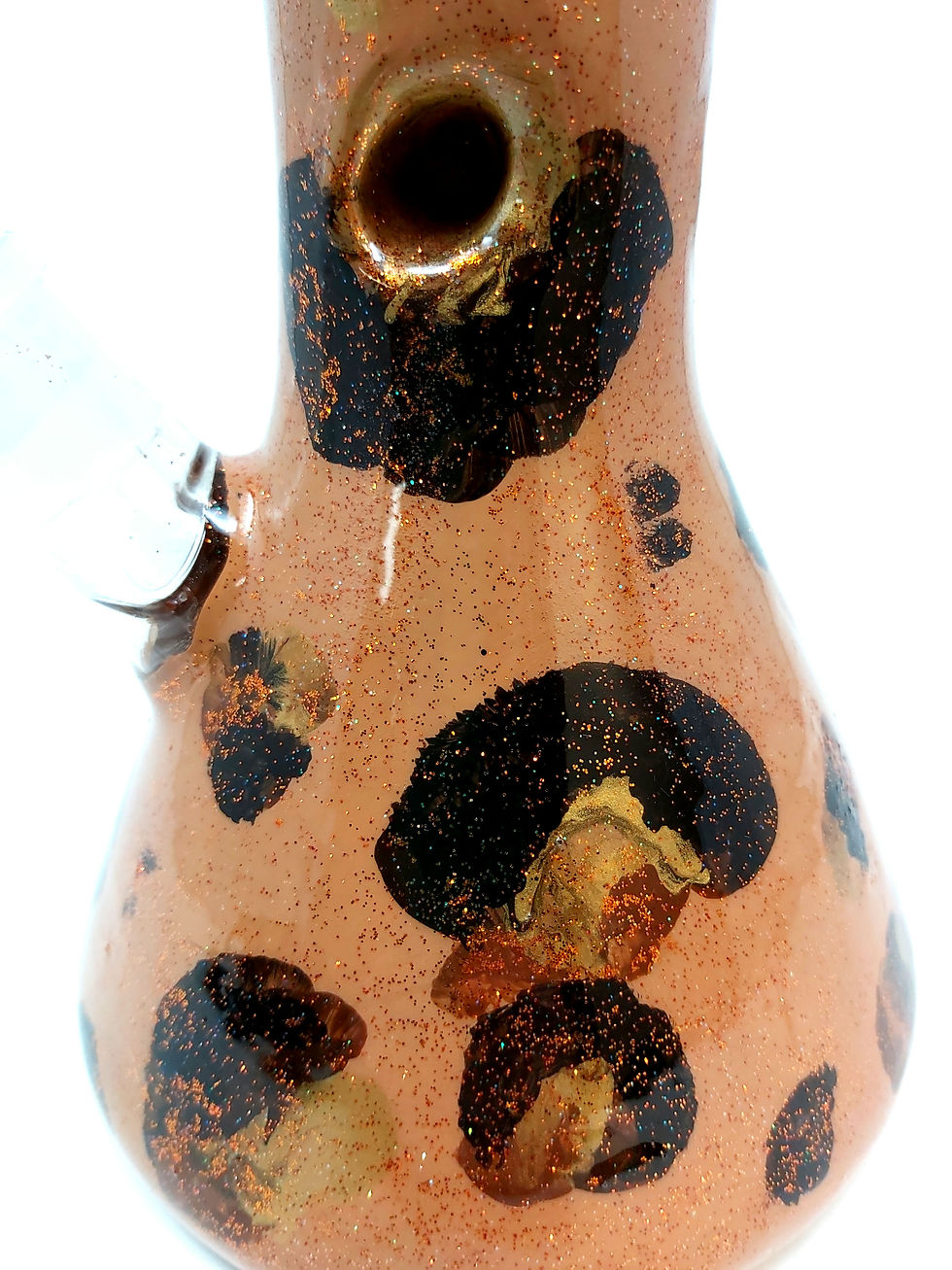 Thumbnail: close up view of glittery details on "glam leopard" bong.