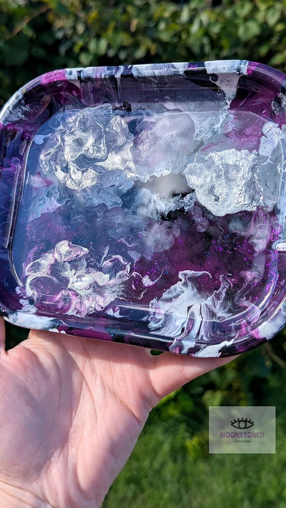 Main view of the Beyond the Binary | Non-Binary Pride Mini Rolling Tray in natural lighting with hand for sizing