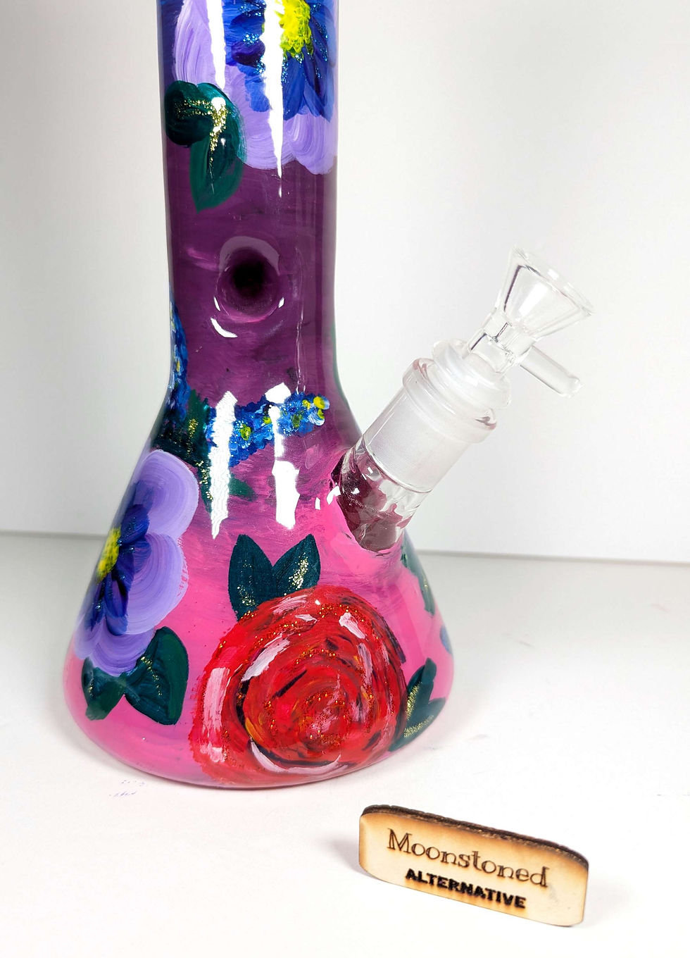 Thumbnail: Close up view of the Right side main body view, showing off the glittery hand-painted flowers on the Eternal Blooms 12" Bong