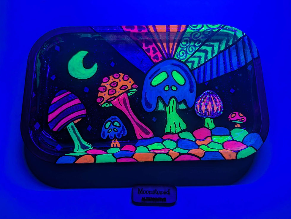 Thumbnail: Black-light overhead view of the "Cosmic Fungi" Medium Herb Rolling Tray