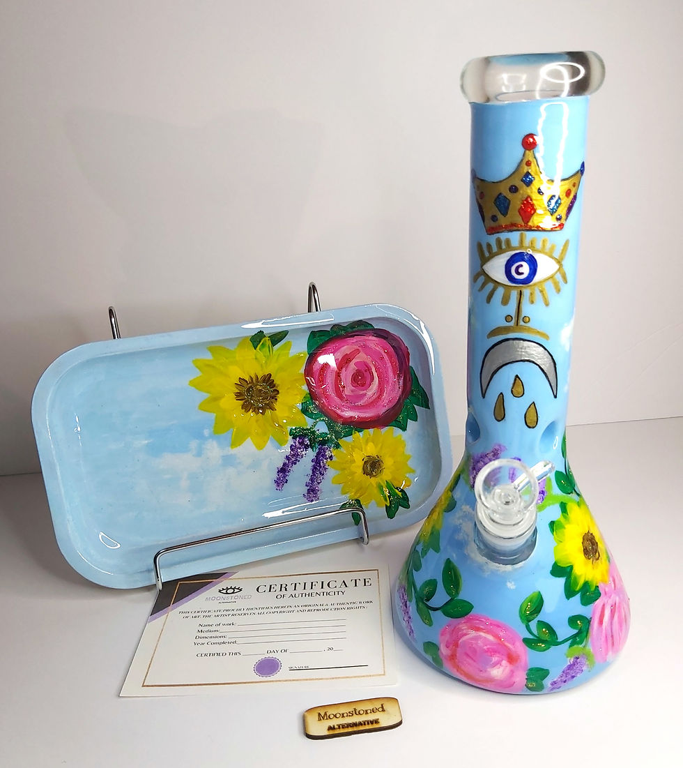 Thumbnail: Main bowl view of the  "Ace of Swords: 12" bong showing off the hand-painted evil eye, crown and floral details. 