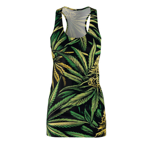 "big buds" dress features large green weed leaves and buds