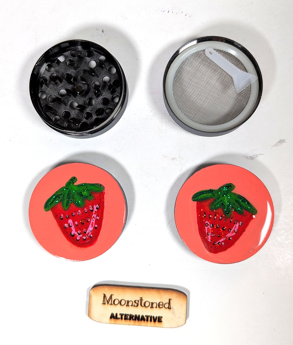 Thumbnail: Over head view of the "Glitter Strawberries 2" Grinder" and the hand-painted strawberries that glitter in the light