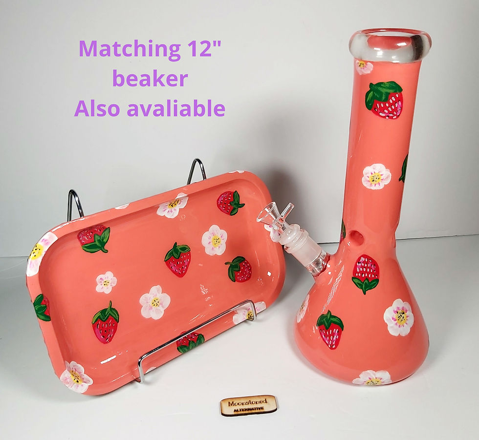 Thumbnail: The entire "Strawberry Blossoms" Collection includes the hand-painted rolling tray and a 12" bong is also avaliable in shop.