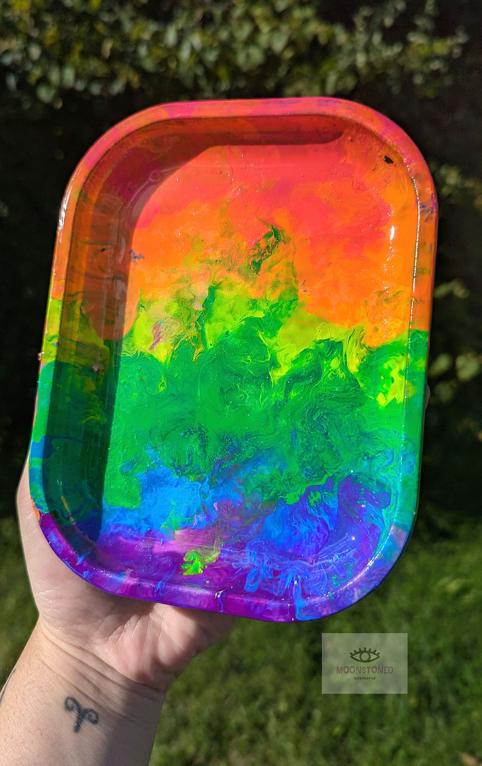 Main view of the Rainbow Overdrive Neon Mini Rolling tray in natural outdoor lighting