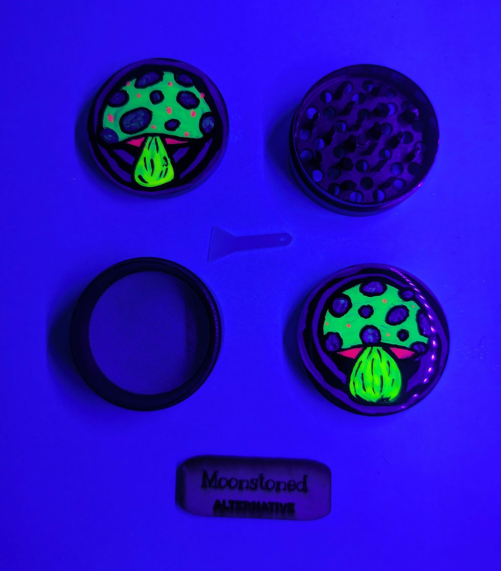 Thumbnail: overhead view of the "Cosmic Fungi" 4pc Grinder- grey 2" in black light.