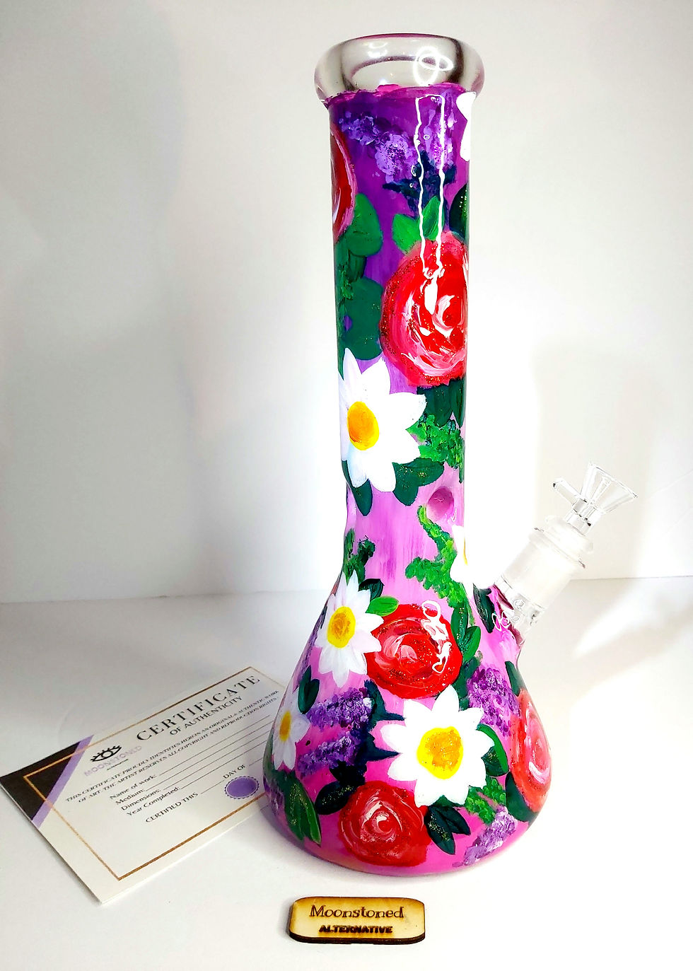 Thumbnail: Left side Bowl View of the "Blooming Pride" 12" Beaker bong with Certificate