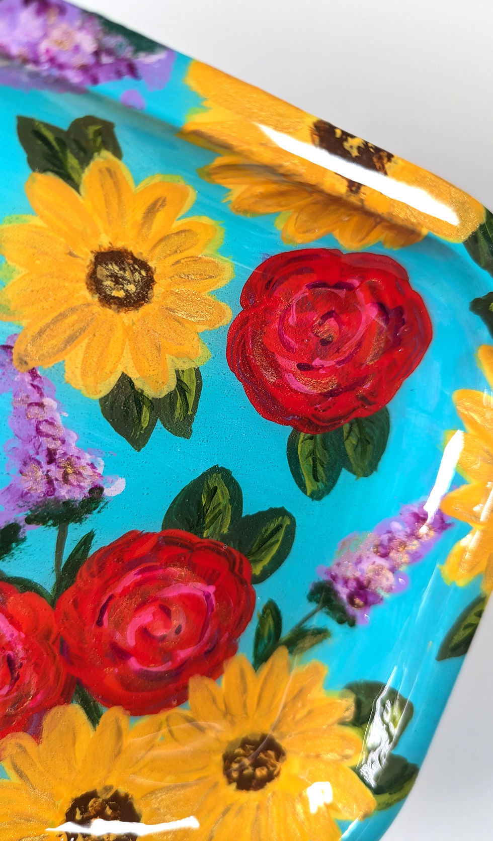 Thumbnail: Close up view of the hand-painted and one-of-a-kind Sunlit Garden Rolling Tray
