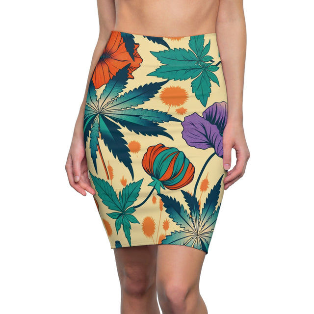 kannabista skirt features a beije background with a retro weed leaf and flowers pattern