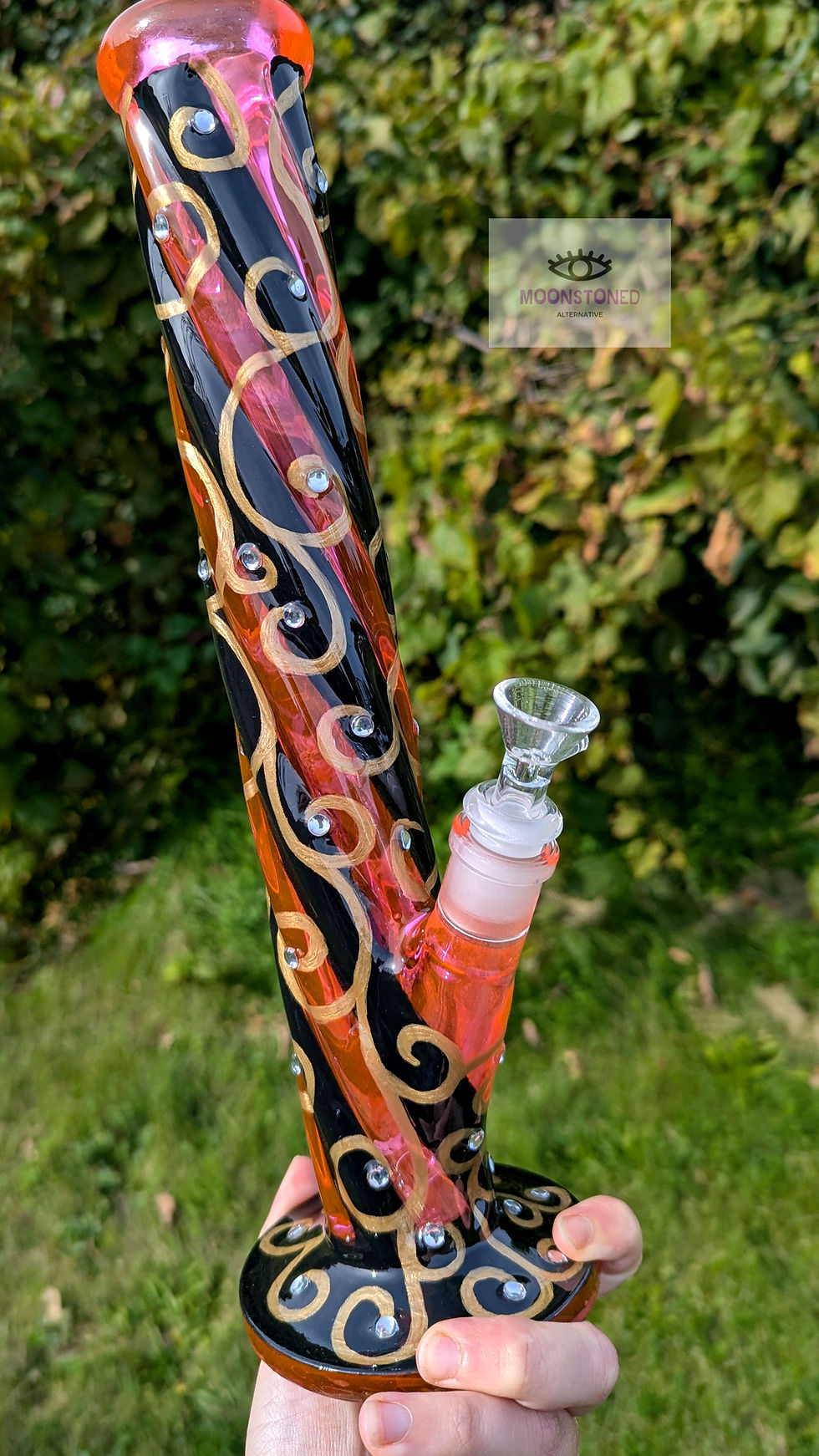 Left side view of the hand-painted details on the Dark Romance | Hand-Painted 14" Twisted Glass Waterpipe
