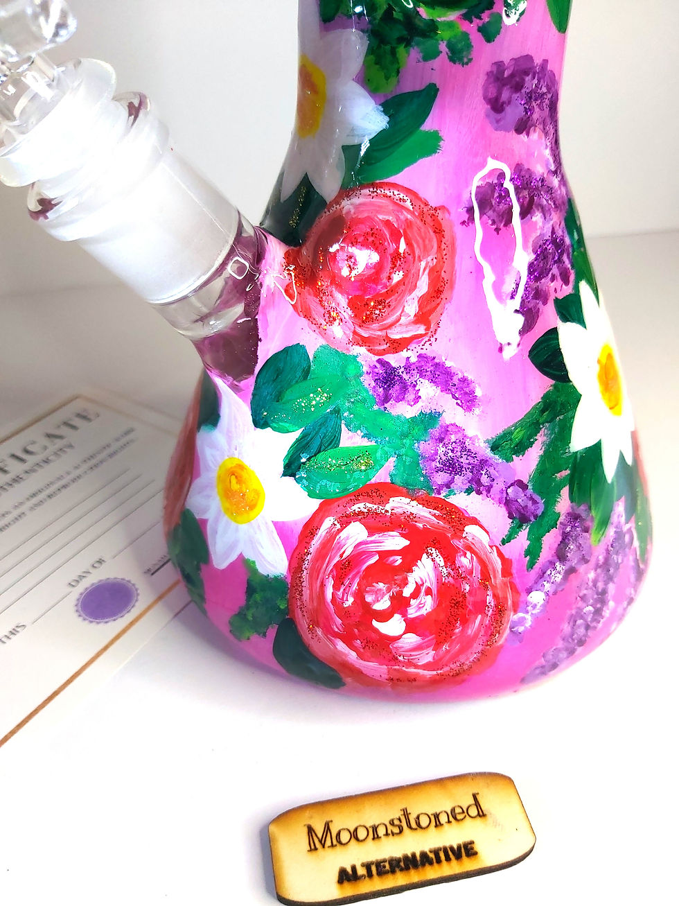 Thumbnail: Close up view of the hand-painted flowers and glittery details of the "Blooming Pride" Bong