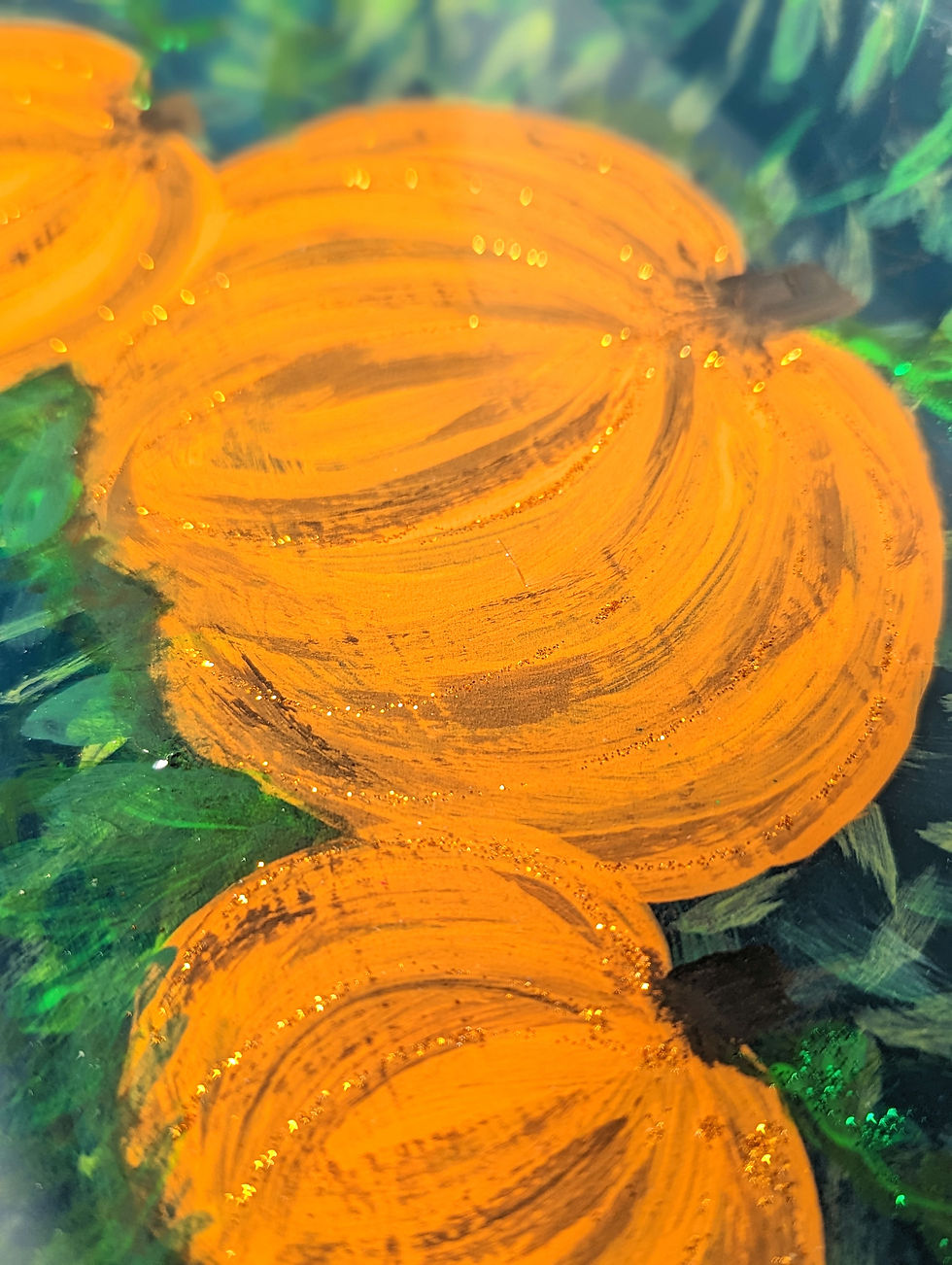 Thumbnail: Close up of the hand-painted pumpkins and glittery details on the "Pumpkin harvest" rolling tray.