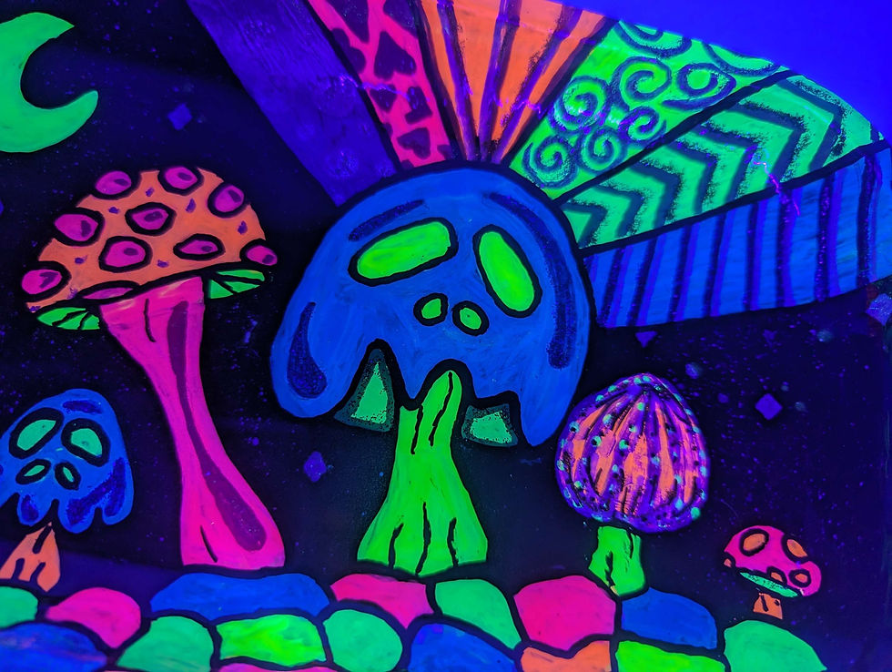 Thumbnail: Close up view of the "Cosmic Fungi" Medium Herb Rolling Tray details in blacklight.