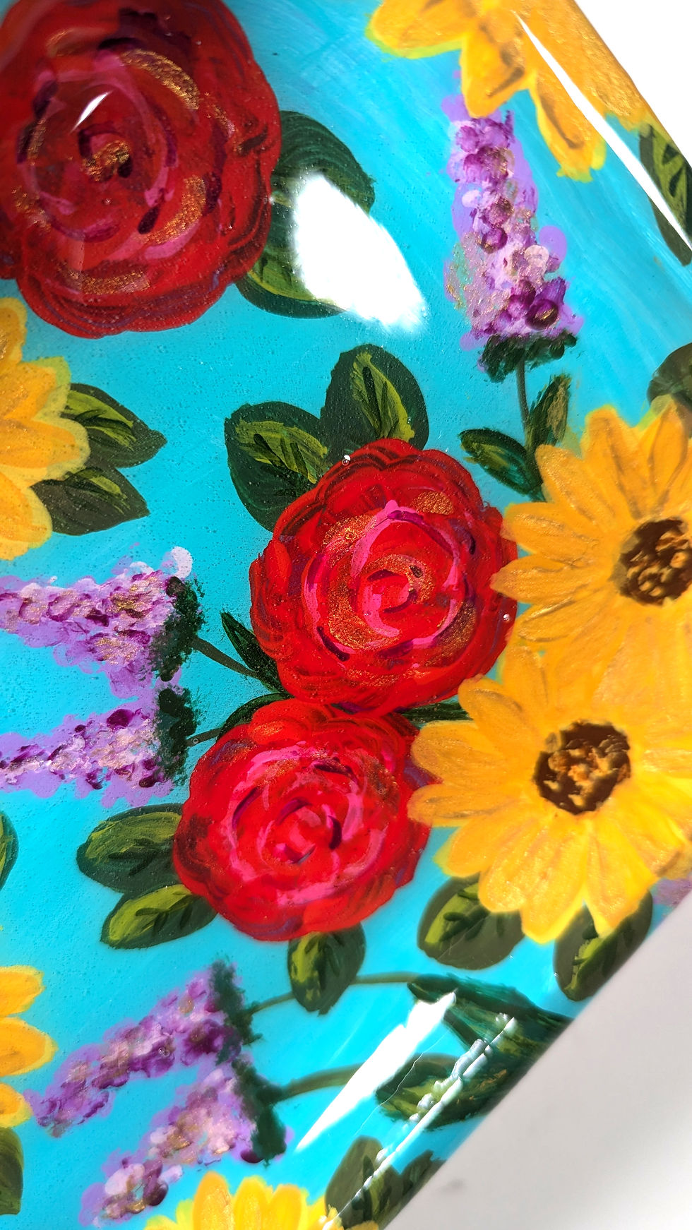 Thumbnail: Close up view of the hand-painted sunflowers, roses and lavender on the Sunlit Garden Rolling Tray