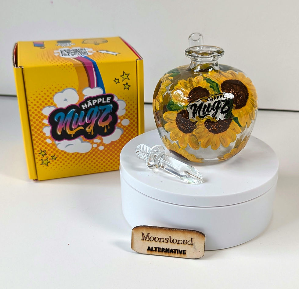 main label view of sunflowers painted all over the Hand-painted Glittery Sunflower Happle Hash Pipe