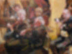 Oil painting of closely grouped orchestra musicians playing string instruments.