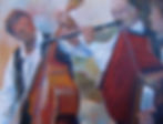 Oil painting of street musicians in Prague playing an upright bass, flute, and accordion.
