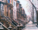 Oil painting of a quiet row of brownstones with repeated stoops and bare street trees.