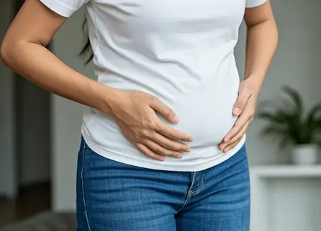 Woman in midlife with bloated tummy