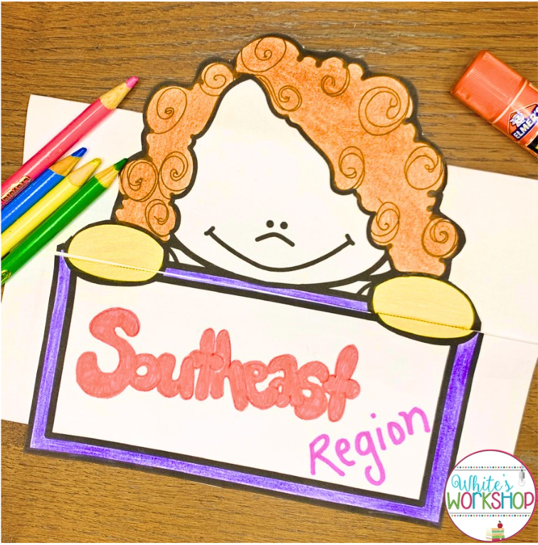 Handmade drawing of a curly-haired child holding a sign that reads Southeast Region, on a wooden table with colored pencils.