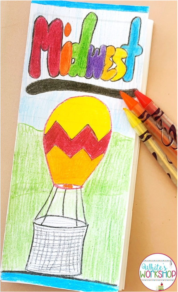Colorful hand-drawn hot air balloon under the word Midwest, with crayons beside it and White's Workshop logo in the corner.