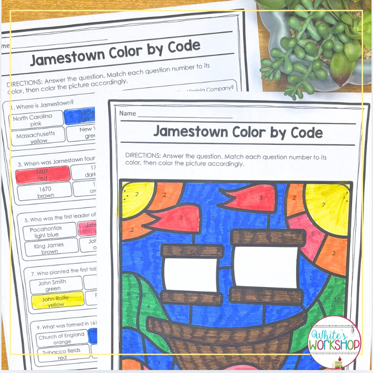Jamestown settlement color by code review worksheet