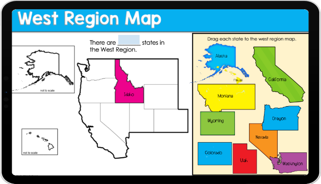 West Region Map worksheet showing a blank western U.S. map, Idaho highlighted, and colored states to drag into place.