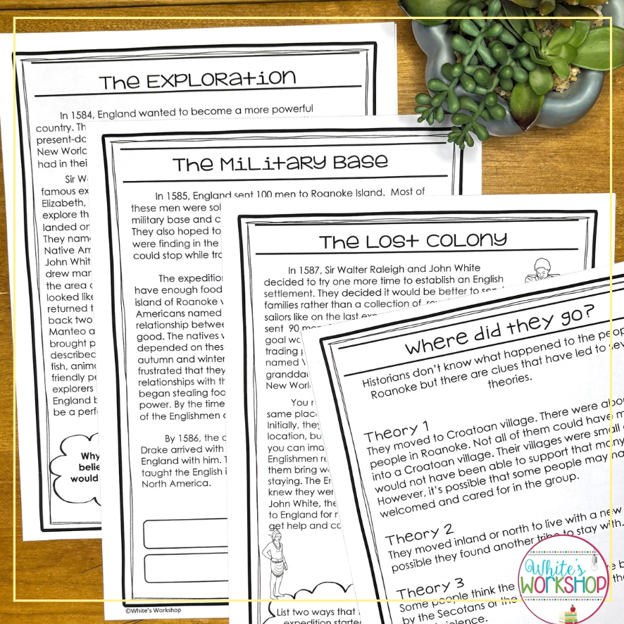Worksheets about the Roanoke Colony.