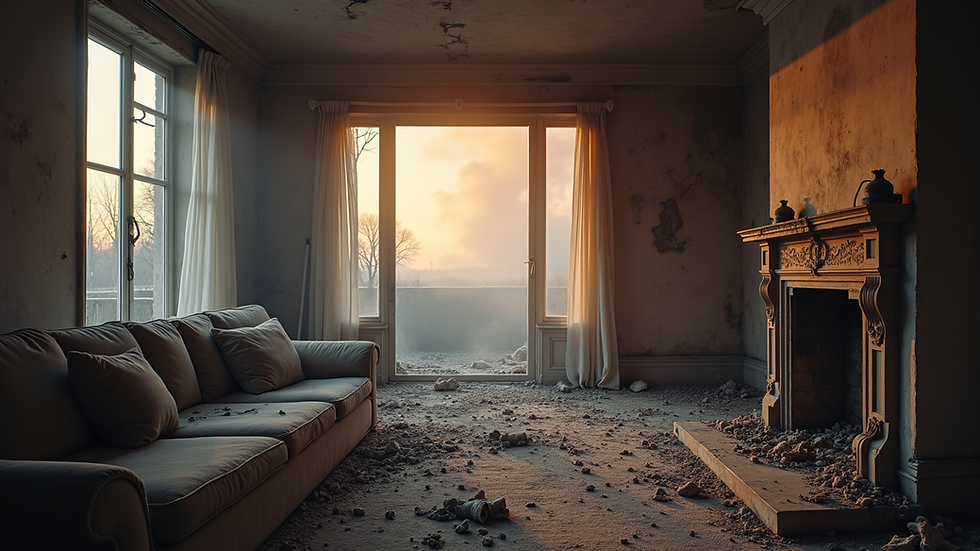 Eye-level view of a damaged living room with fire and smoke damage