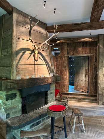 Hertenkop boven open haard, houten interieur, rode kruk, warme ambiance, landelijk huis.