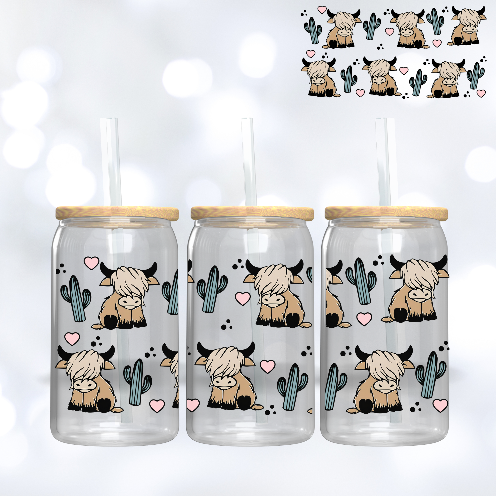 16oz Libbey UV DTF Wrap - Cow Cactus