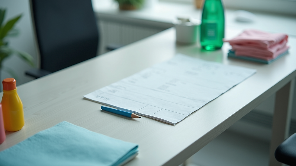 High angle view of a disinfected office desk with cleaning supplies nearby