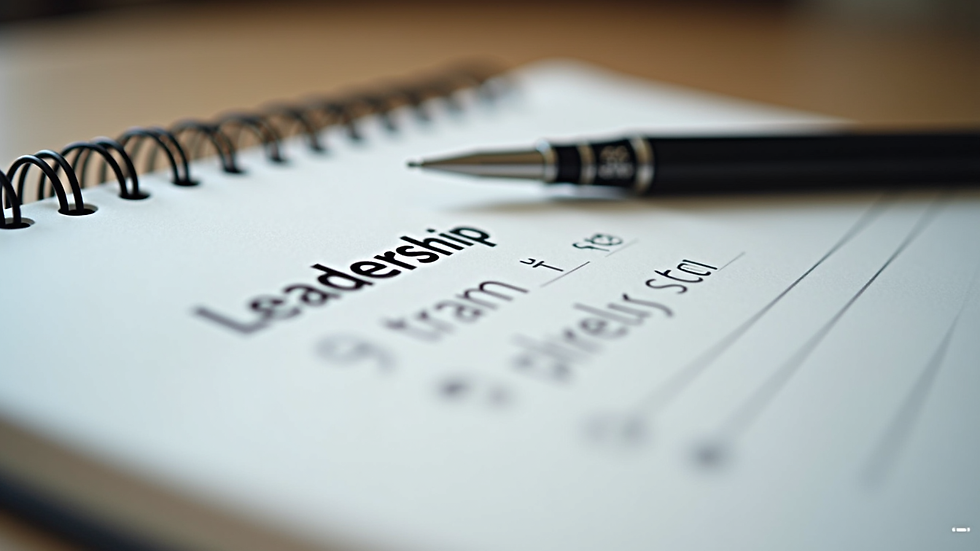 Close-up view of a notebook with leadership training notes and a pen