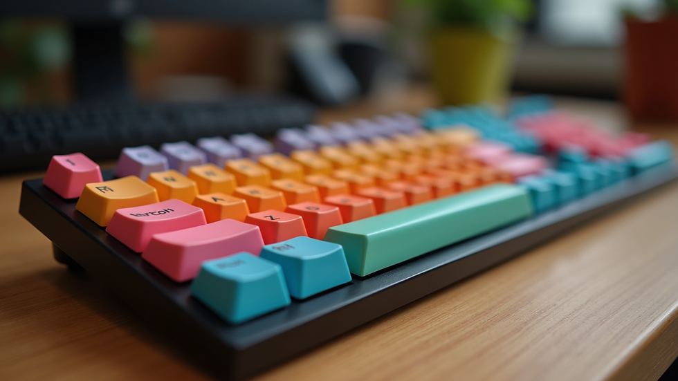 Eye-level view of colorful artisan keycaps displayed on a wooden table