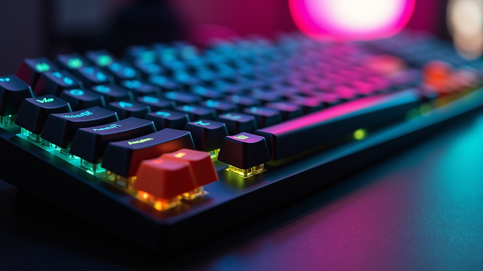Eye-level view of a custom mechanical keyboard with colorful Valorant keycaps