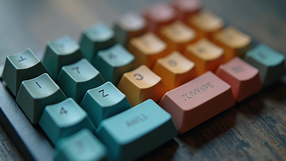 High angle view of artisan keycaps arranged in a creative pattern