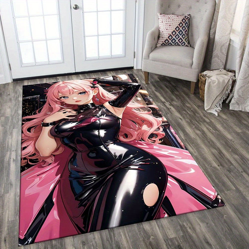 Anime-Inspired Pink-Haired Girl Latex Pattern Area Rug - High-Density Crystal Ve